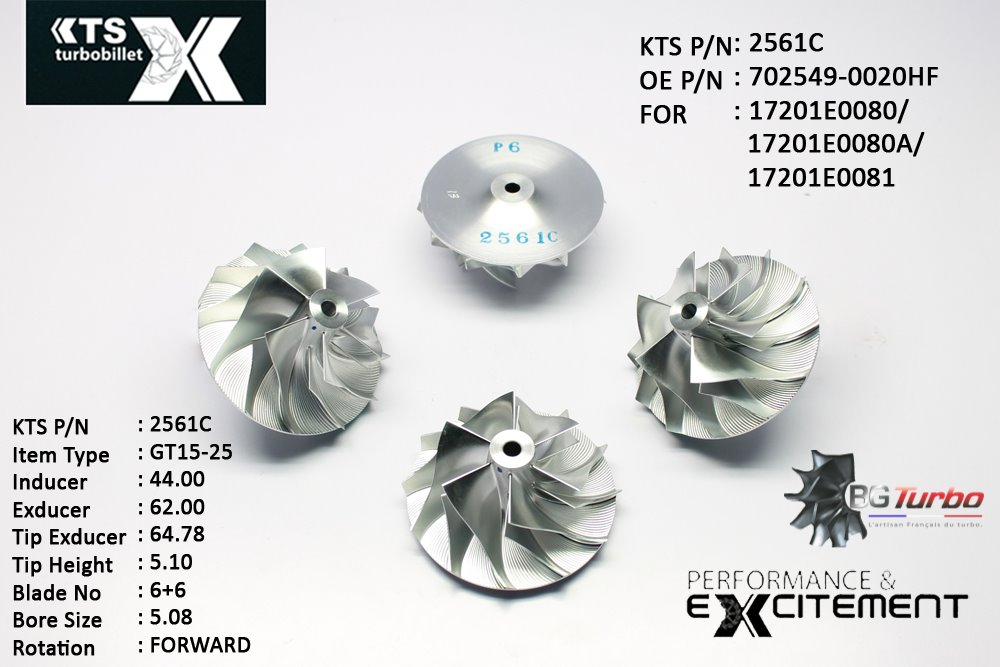 Turbo ROUE FORGÉE MFS PERFORMANCE - 6+6 PALES - INDUCER : 44 - EXDUCER : 62 - TYPE : GT15-25ANGLE : 55° - ROTATION : Forward - SUPER BACK : 3,68 - BORE SIZE : 5,08
